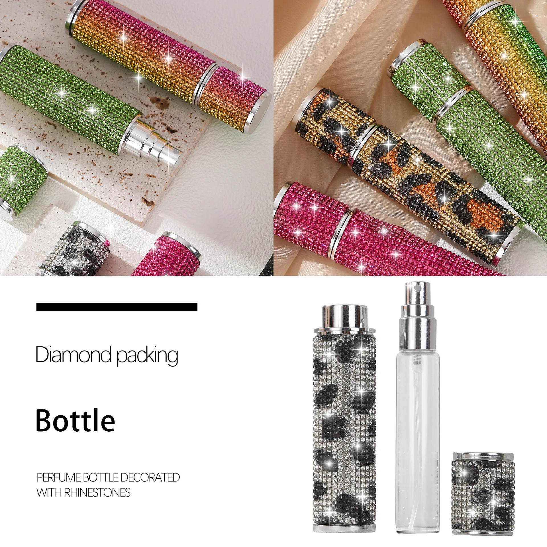 ขวดน้ำหอมแบบพกพาขนาด 10 มล. ประดับเพชร ขวดแก้วสำหรับแบ่งบรรจุ ของขวัญแบบพกพา ขวดสเปรย์แบบถอดได้ เติมได้