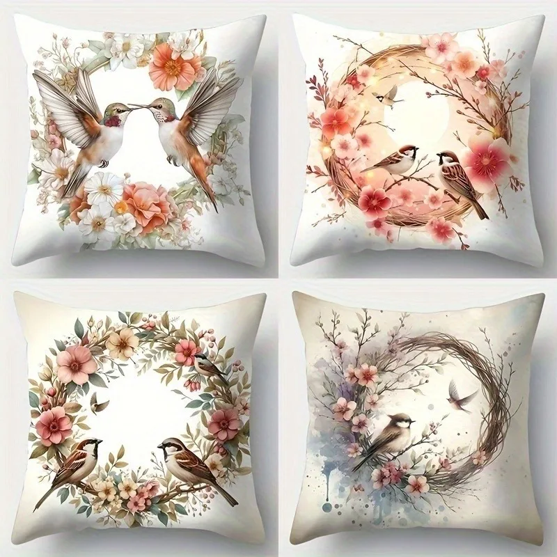 

Floral Wreath & Bird Pillowcase: Romantic Whimsical-Themed Cushion Cover for Soft Modern Home Sofa Decor