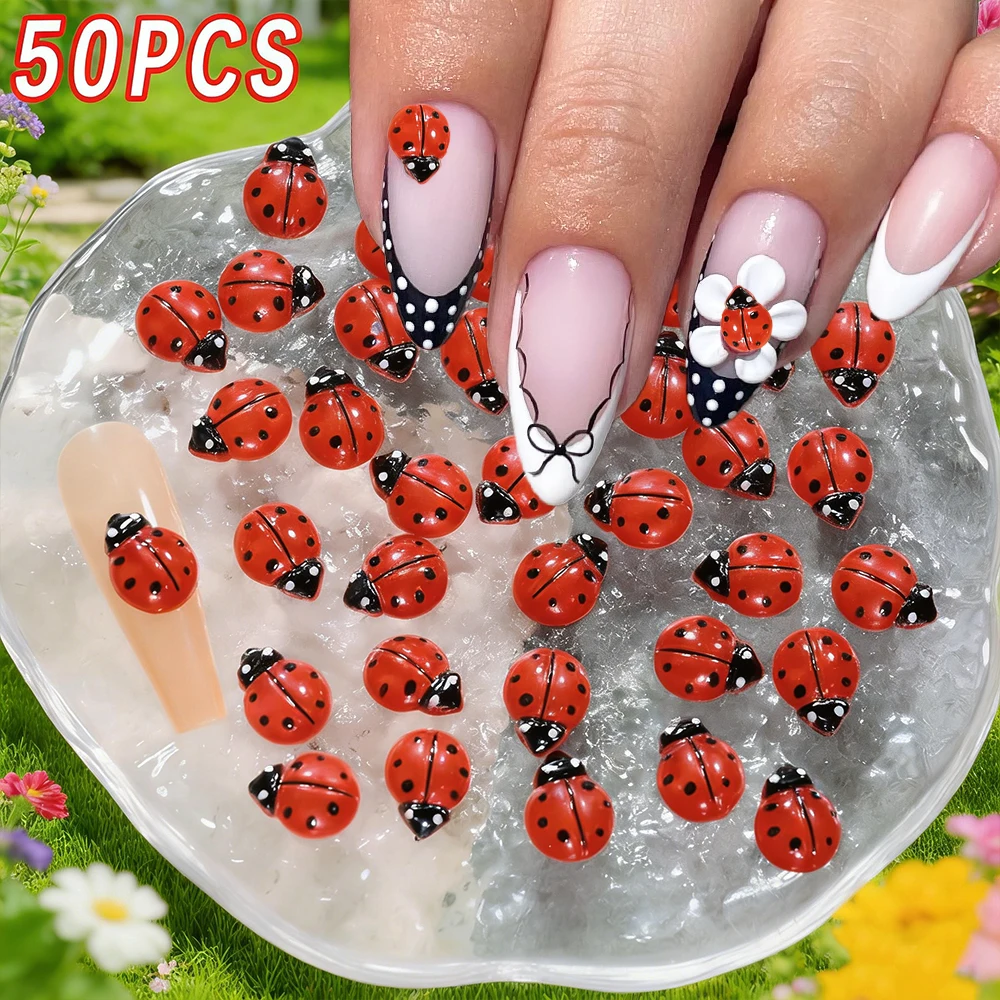 

50pcs 3D Red Ladybug Nail Charms Cute Cartoon Black Dot Bug Insects Flatback Rhinestones For Nail Art Decor Manicure Accessories
