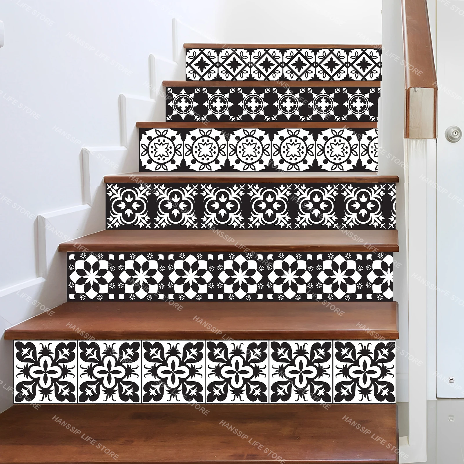 6pcs Abstract Marble Texture Background Staircase Sticker, Removable Home Decoration Arabic Pattern Stairway Riser Decals