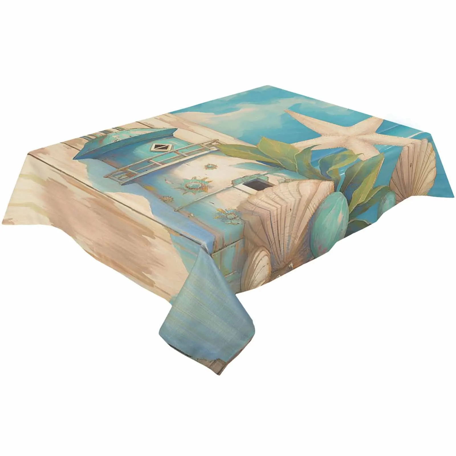 Summer Ocean Lighthouse Starfish Shell Waterproof Table Cloth Holiday Wedding Party Rectangular Table Cover Home Kitchen Decor