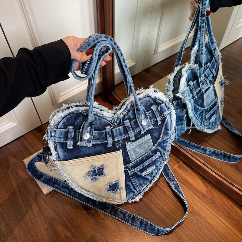 Denim Heart Handbags for Women 2025 New Cute Love Shape Underarm Shoulder Bag Large Capacity Casual Crossbody Bag Cute Retro Bag
