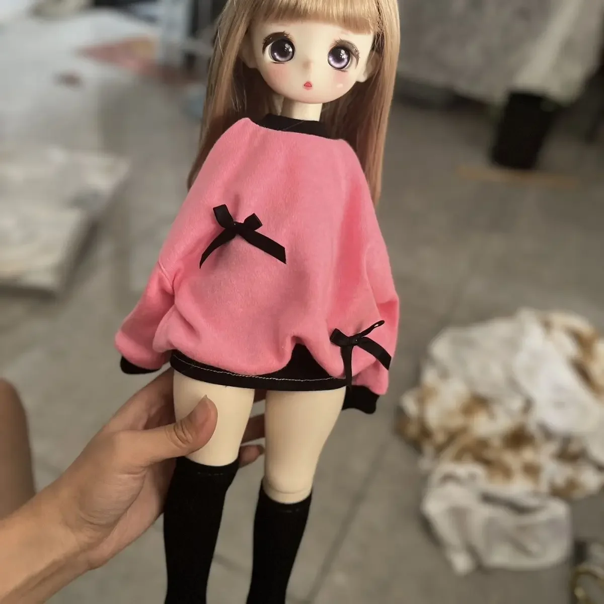 New 1/4 Doll's Clothes Suit for 45cm Bjd Doll Pink Hoodie+hip Hugging Skirt+ Socks Dress Up Girl Toys Doll Accessories, No Doll