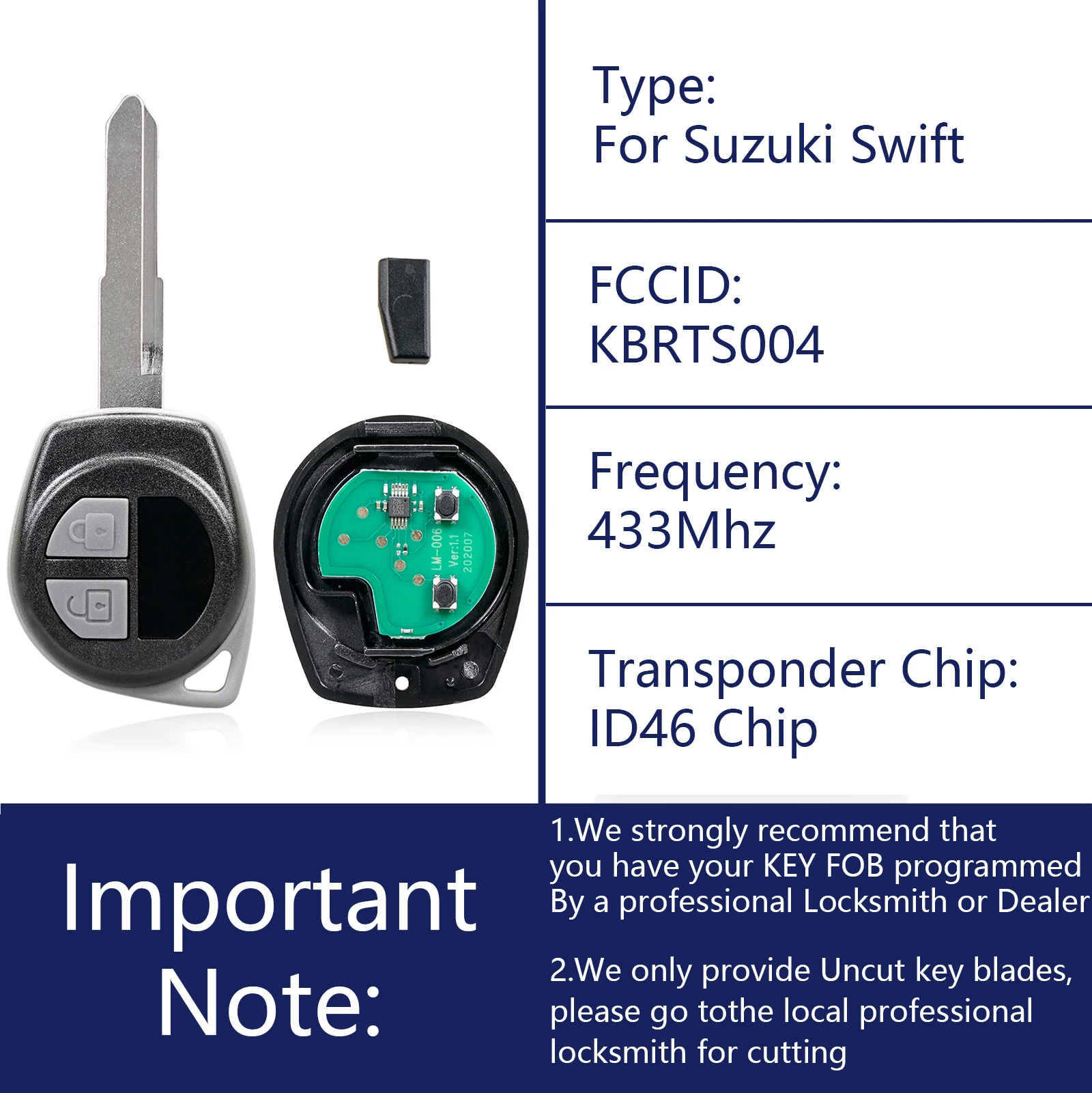 OHMSEN For Suzuki Swift SX4 Alto Jimny Vitara Ignis Splash 2 Button Key Fob 433MHz ID46 Chip FSK Signal FCCID: KBRTS004