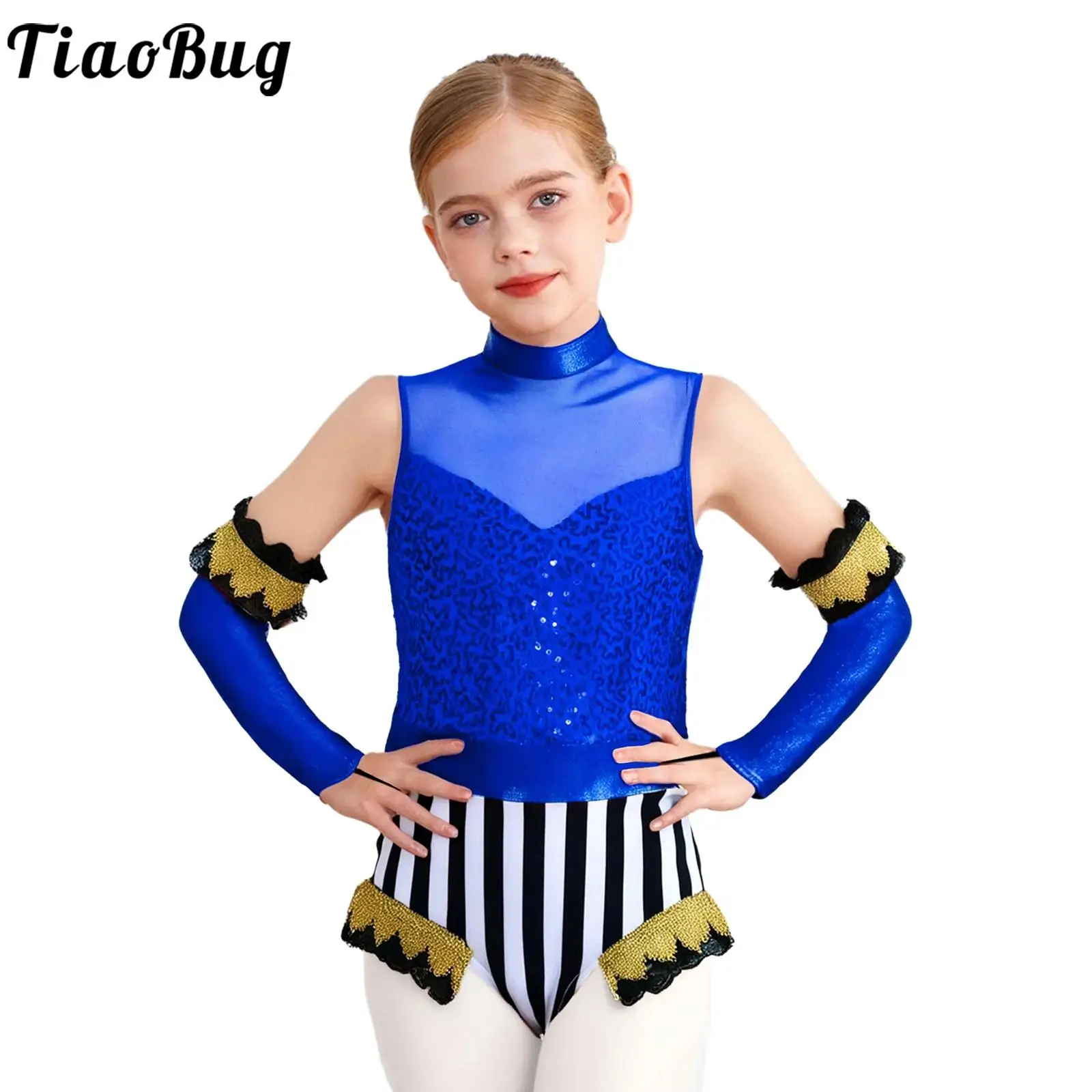 Girls Circus Ringmaster Performance Costume Sleeveless Sequins Skating Dance Jumpsuit Over-Sleeve for Halloween Carnival Party