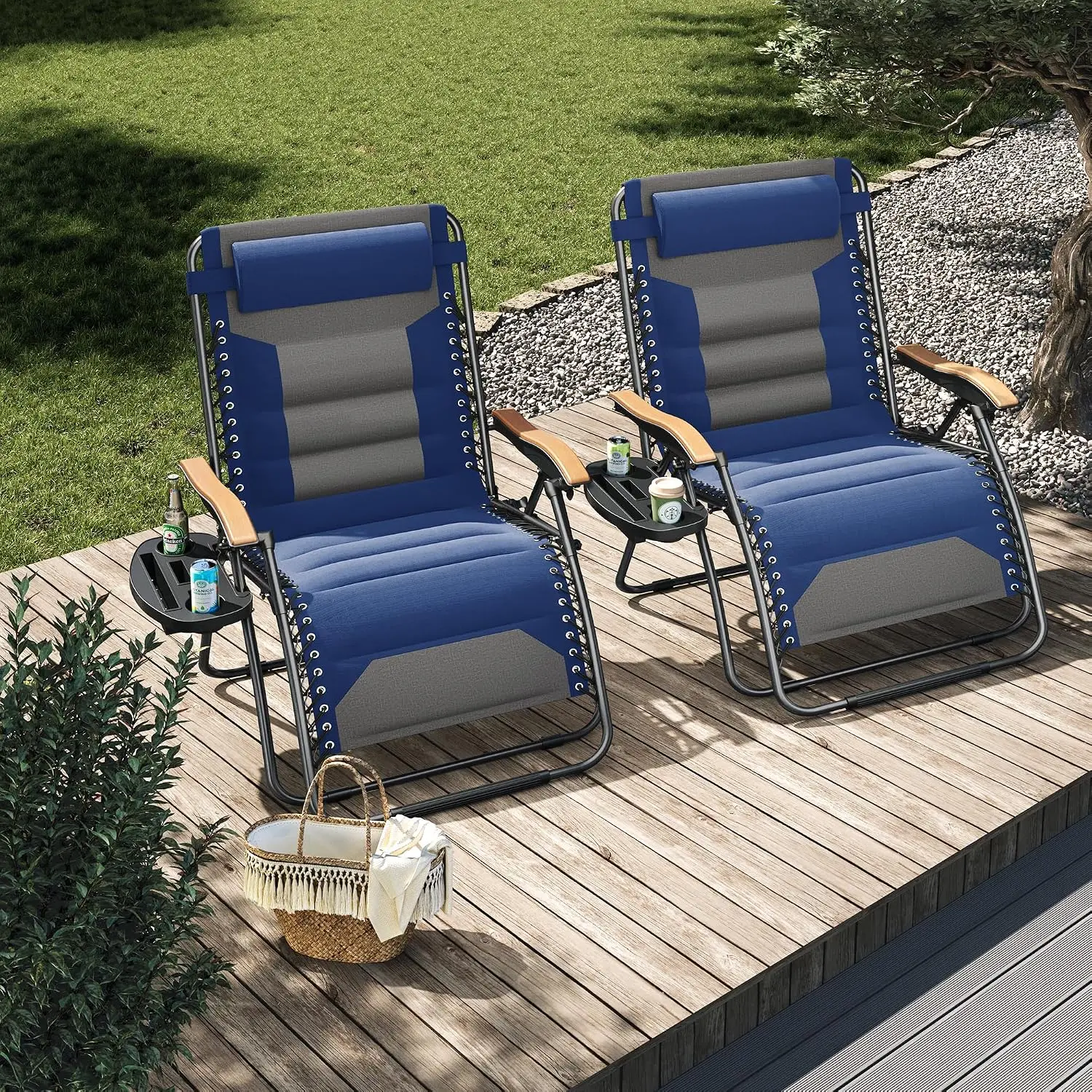 Padded Zero Gravity Chair 2 Pack, Foldable Patio Recliner with Cup Holder & Armrest, 30
