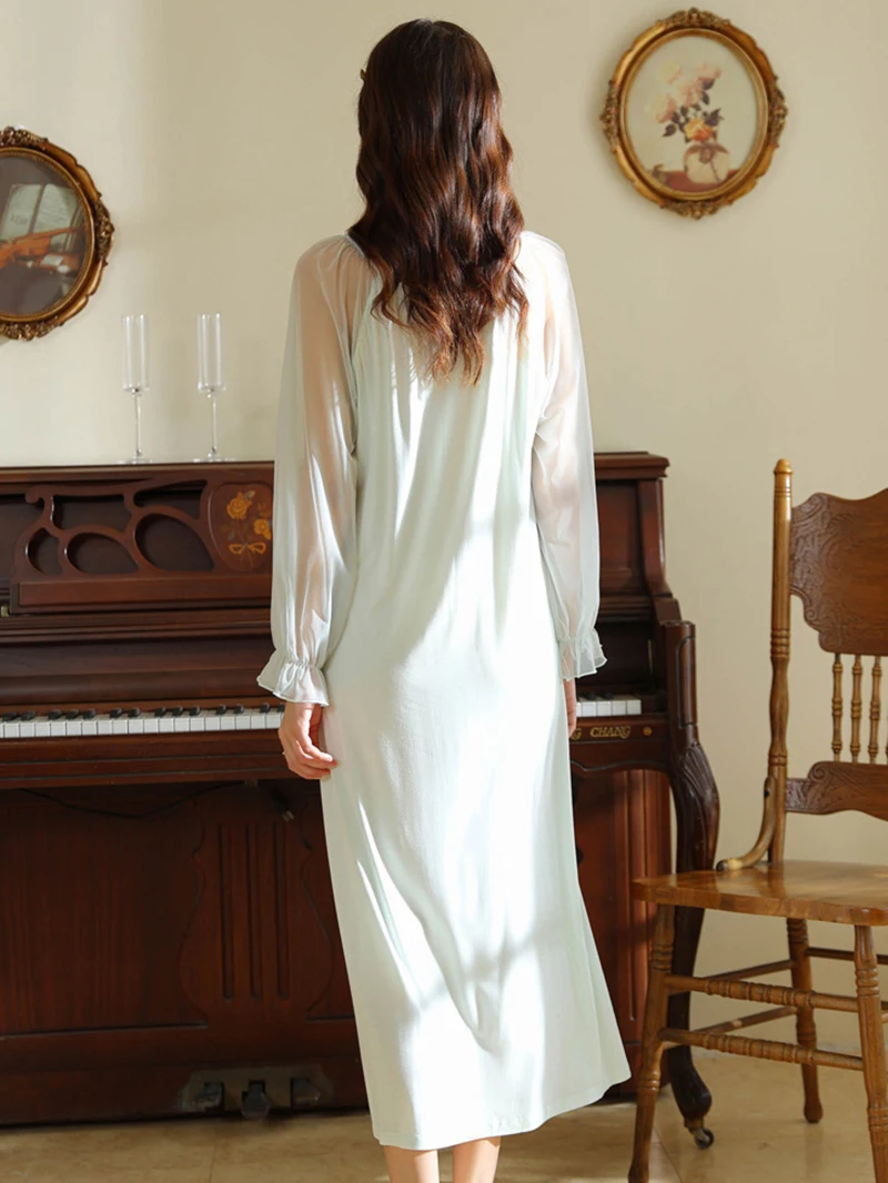 Women Ladies Fairy Ruffles Silk Princess Nightgown Summer French Sweet Vintage Princess Mesh Long Sleeve Nightwear Sleepwear 6