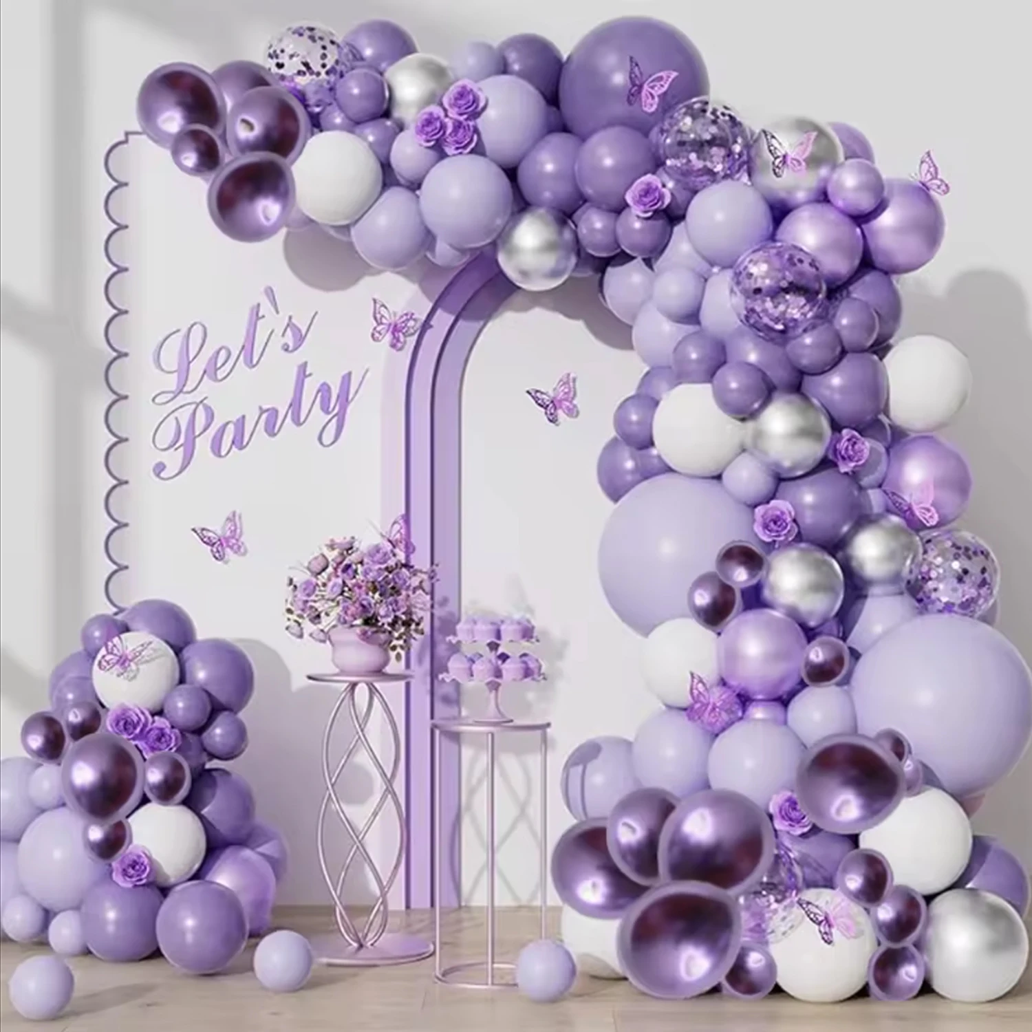 98 peças kit de guirlanda de balão roxo metálico, balões brancos de tira roxa metálica para casamento, aniversário, decoração de aniversário