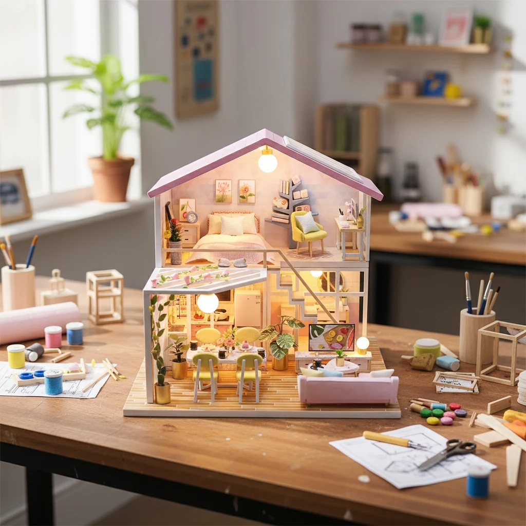 

OUZEY 3D Wooden Dollhouse DIY Kit - “Cozy Cottage” with Furniture, Complete Building Toy & Birthday Gift for Kids