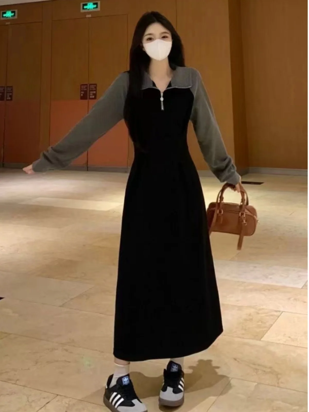 Vestido casual de talla grande con cuello  y manga larga para mujer, diseño de primavera y otoño, adelgazante, largo hast...