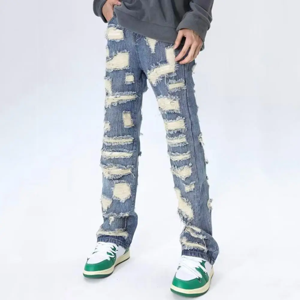 

Men Distressed Vintage Jeans Vintage Distressed Denim Jeans for Men with 4 Pockets High Street Style Straight-leg Trousers