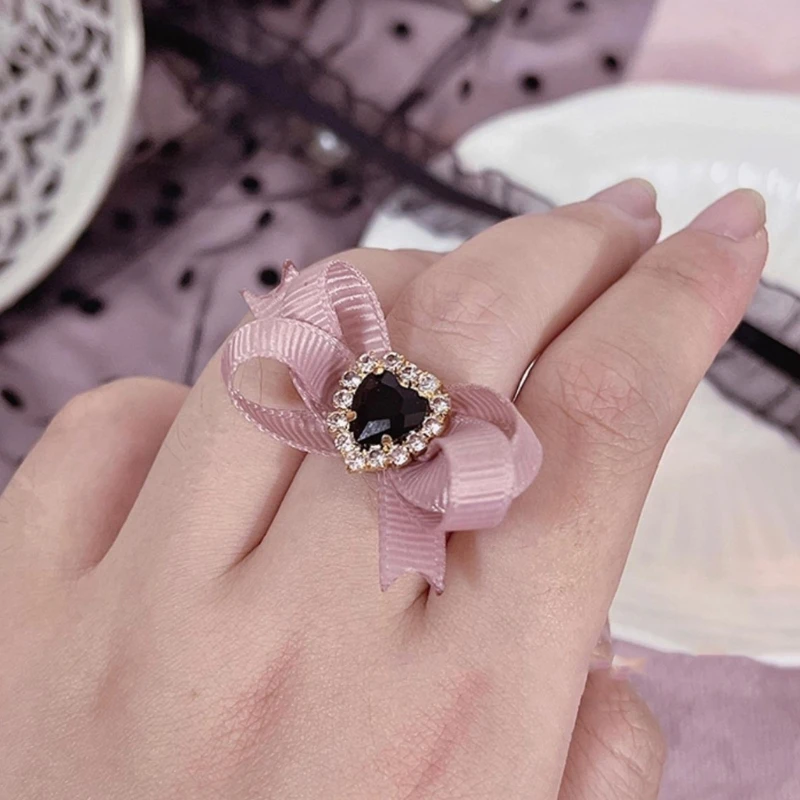 Harajuku Crystal Love Heart Ribbon Bow Knot Ring for Women Dark Cool Sweet Trendy Jewelry Aesthetics Y2k Accessories