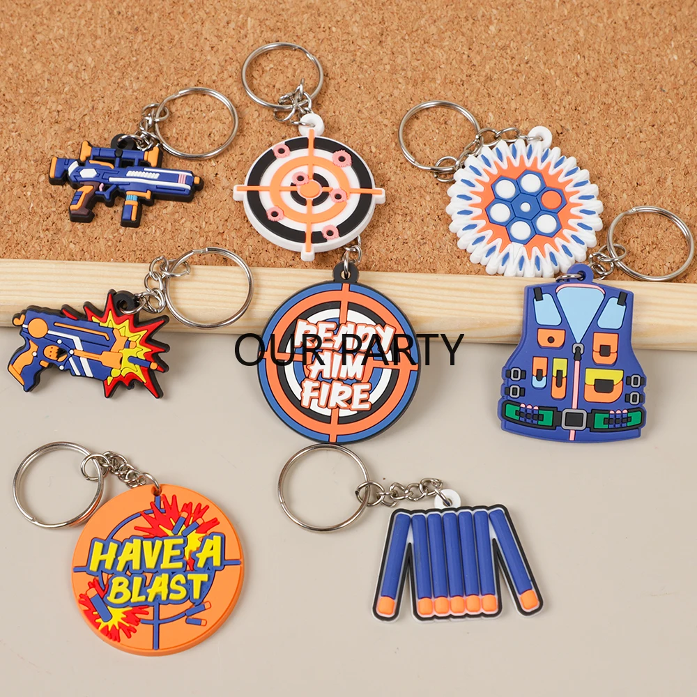 8Pcs Shooting Darts Theme PVC Keychain Ready Aim Fire Backpack Pendant for Boy Birthday Party Favors Goodie Bag Pinata Fillers