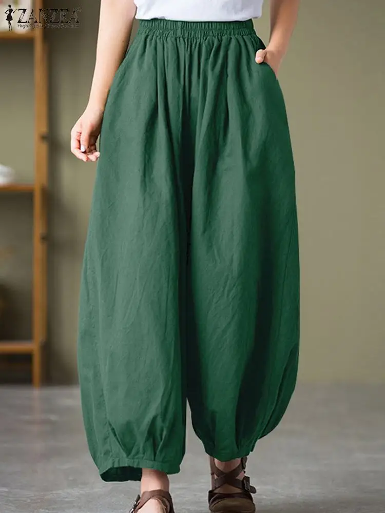 

ZANZEA Women Vintage Wide Leg Pants Summer Elastic Waist Solid Loose Trousers Casual Fashion Work Pantalon Baggy Long Palazzo