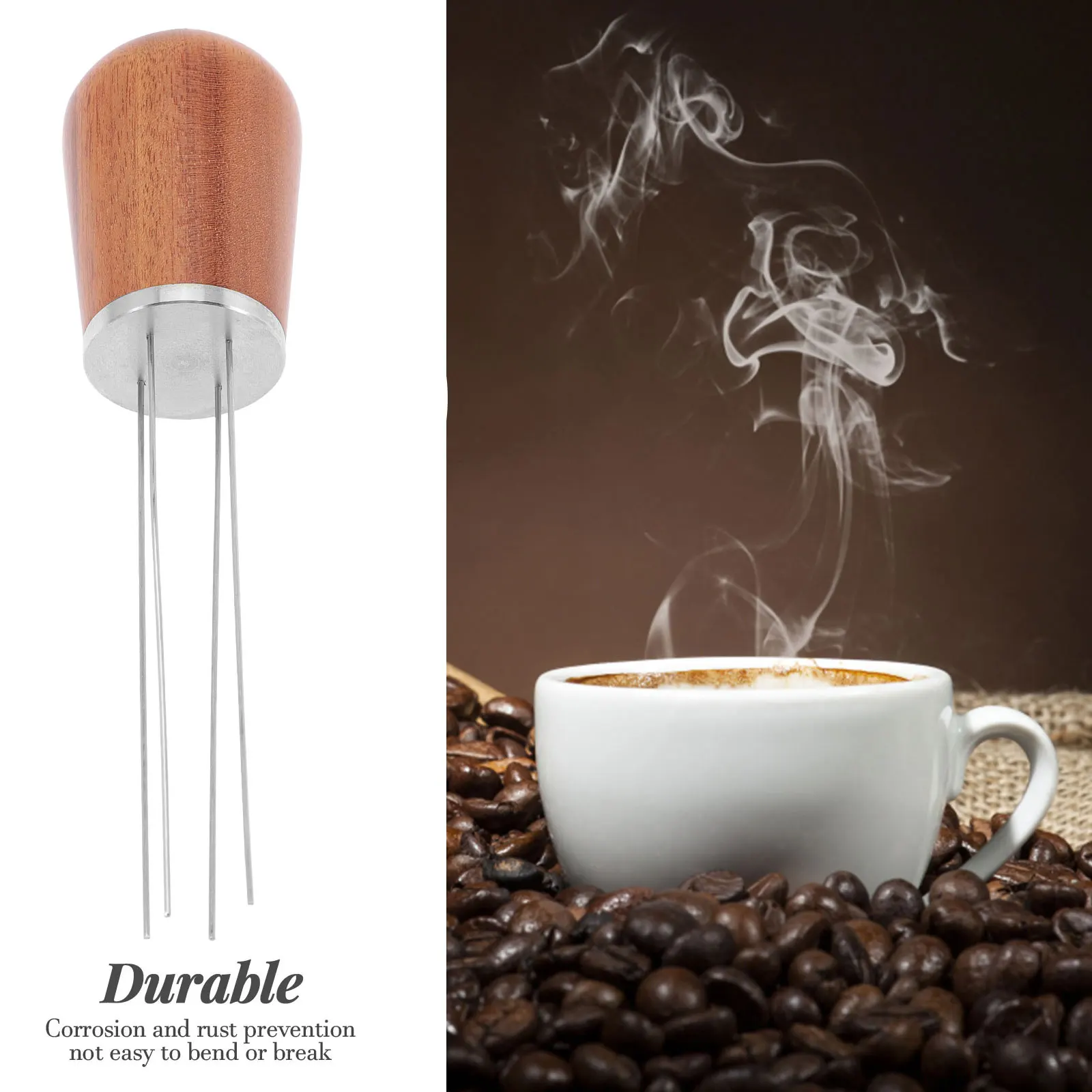 

Espresso Coffee Stirrer Needle Type Stainless Steel Distribution Tool Wooden Handle for Even Powder Mixing No Caking Reusable