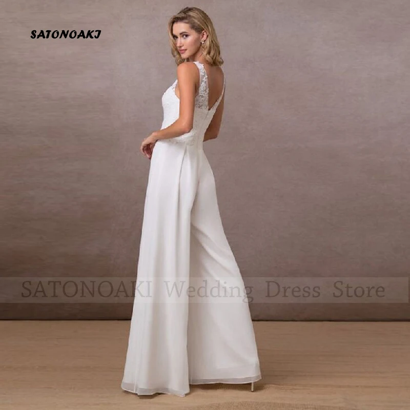 Elegant Sexy Boho Lace Chiffon Jumpsuit Wedding Dresses for Women V-Neck A-Line Appliques Backless Bridal Gown Vestidos De Novia