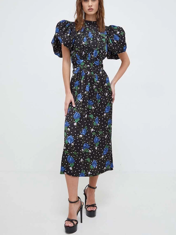 

Dressesy2k spring and summer floral print wave bubble sleeve long dresses2024 temperament skinny V-neck formal occasion dresses