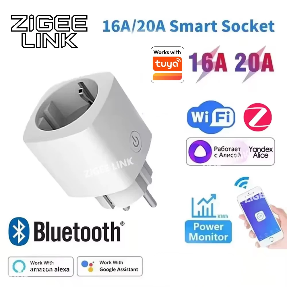 1PCS Zigbee 3.0 WiFi Smart Plug EU Socket Timer Adaptor Outlet 16A/20A Power Monitor APP Voice Control Tuya Alexa Google Alice