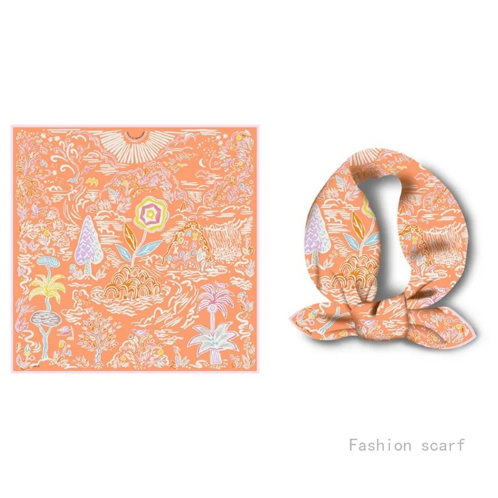 53Cm 새로운 복고풍 손으로 그린 ​​식물과 꽃 소녀 다목적 장식 작은 스카프 실크 스카프 Headscarf 럭셔리 스카프 도매