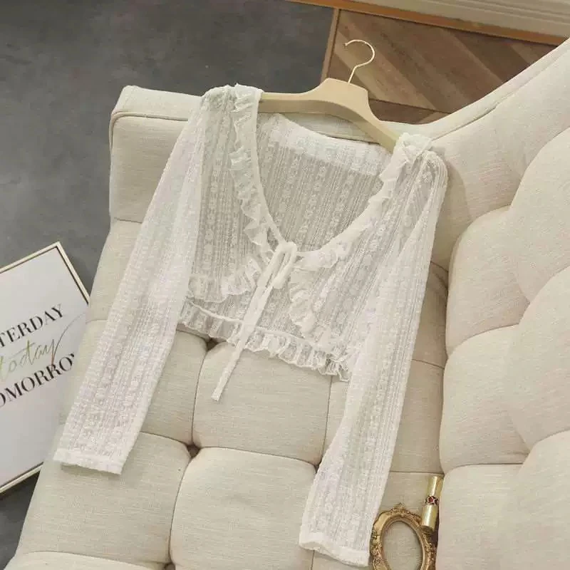 Summer Women White Lace Bow Ruffle Blouse Sun Protection Cardigan Y2K Korean Style Casual Loose Thin Cover Up Coat Tops