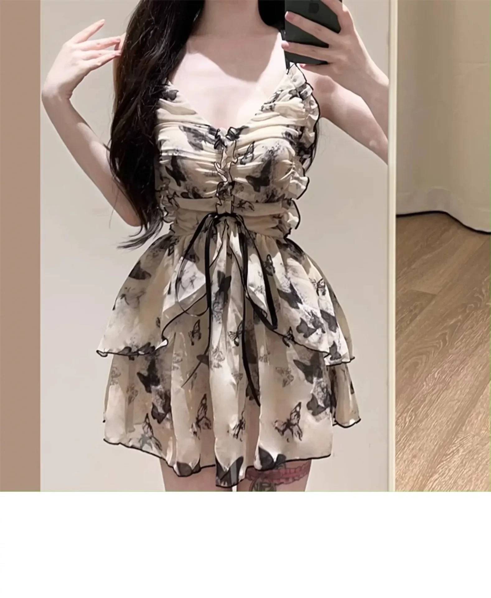 sexy Korean fashion conservative swimsuit one piece vintage butterfly print mini dress culottes bikinis padded swimwear biquini