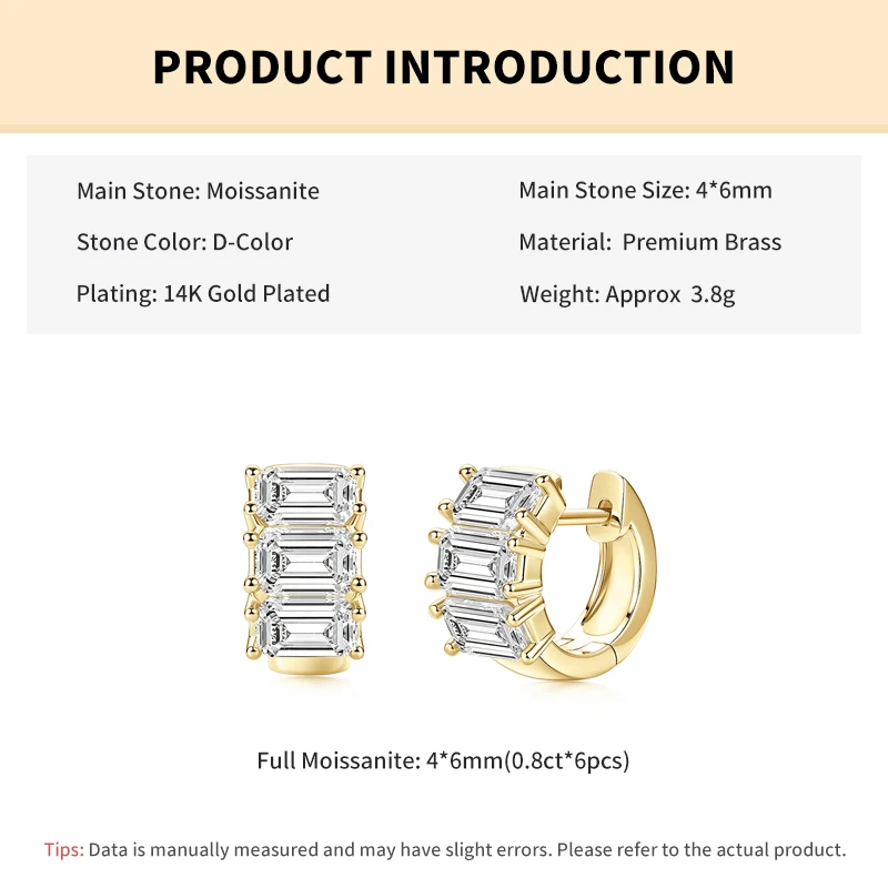 Rrjzz Smaragdschliff 4*6mm D Farbe Voll-Moissanit-Ohrringe 6 Steine 4,8 Karat Imitationsdiamant Damen Creolen GRA Schmuck Geschenke – Detail 1
