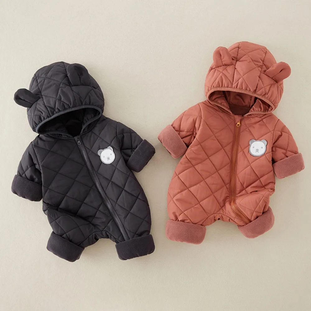 AYNIGIELL Late Autumn Early Winter Baby Jumpsuit Thick Warm Infant Hooded Inside Fleece Rompers Newborn Cotton-padded Clothes