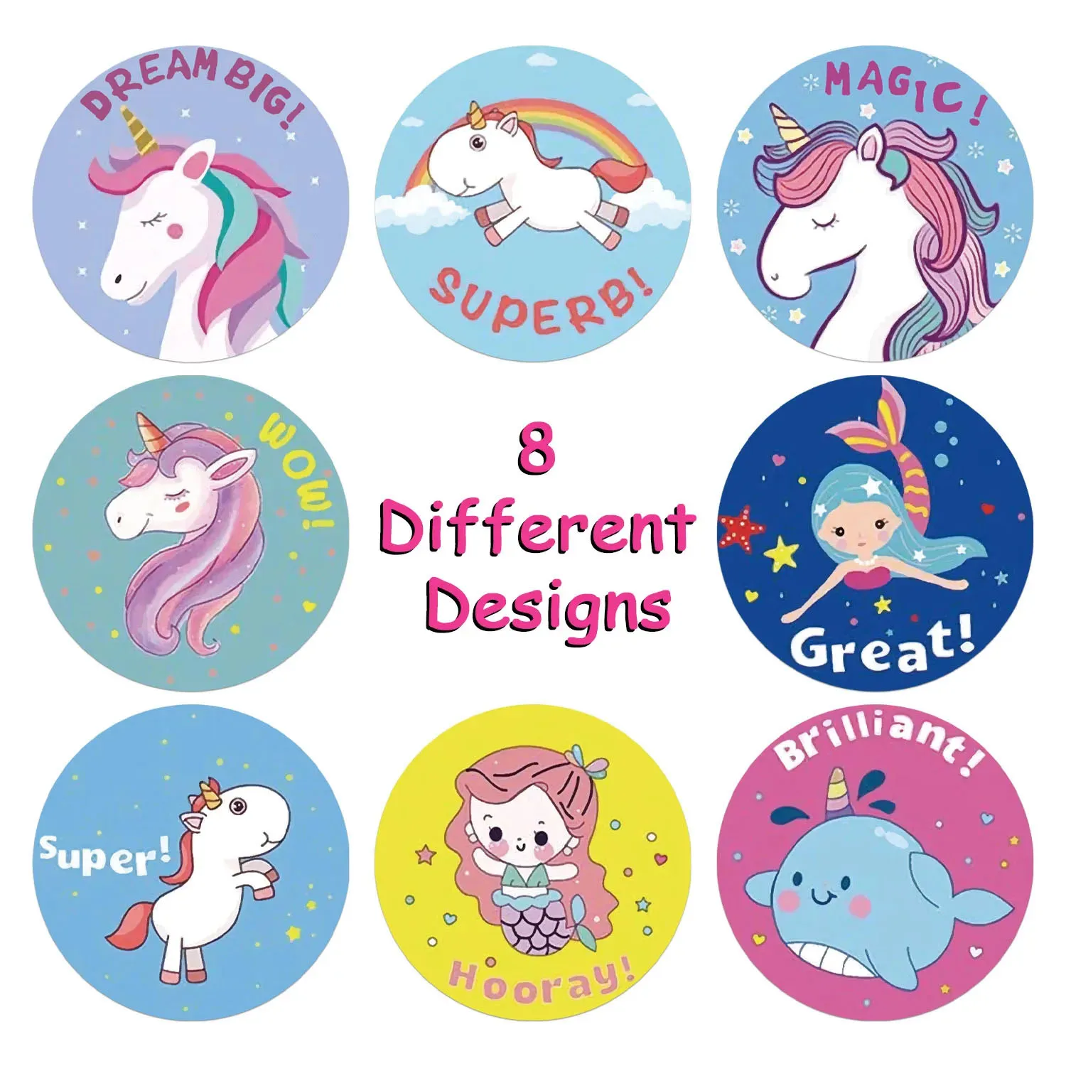 500Pcs/Roll Rainbow Unicorn Flying Horse Themed Stickers 2.5cm/1.0in Round Reward Sticker Gift Sealing Holiday Decorative Labels