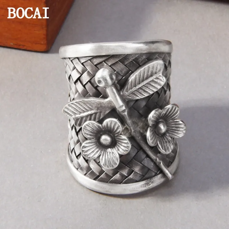 

BOCAI New S925 Sterling Silver Exaggeration Three-dimensional Dragonfly Flowers Leaves Weaving Openings Rings.