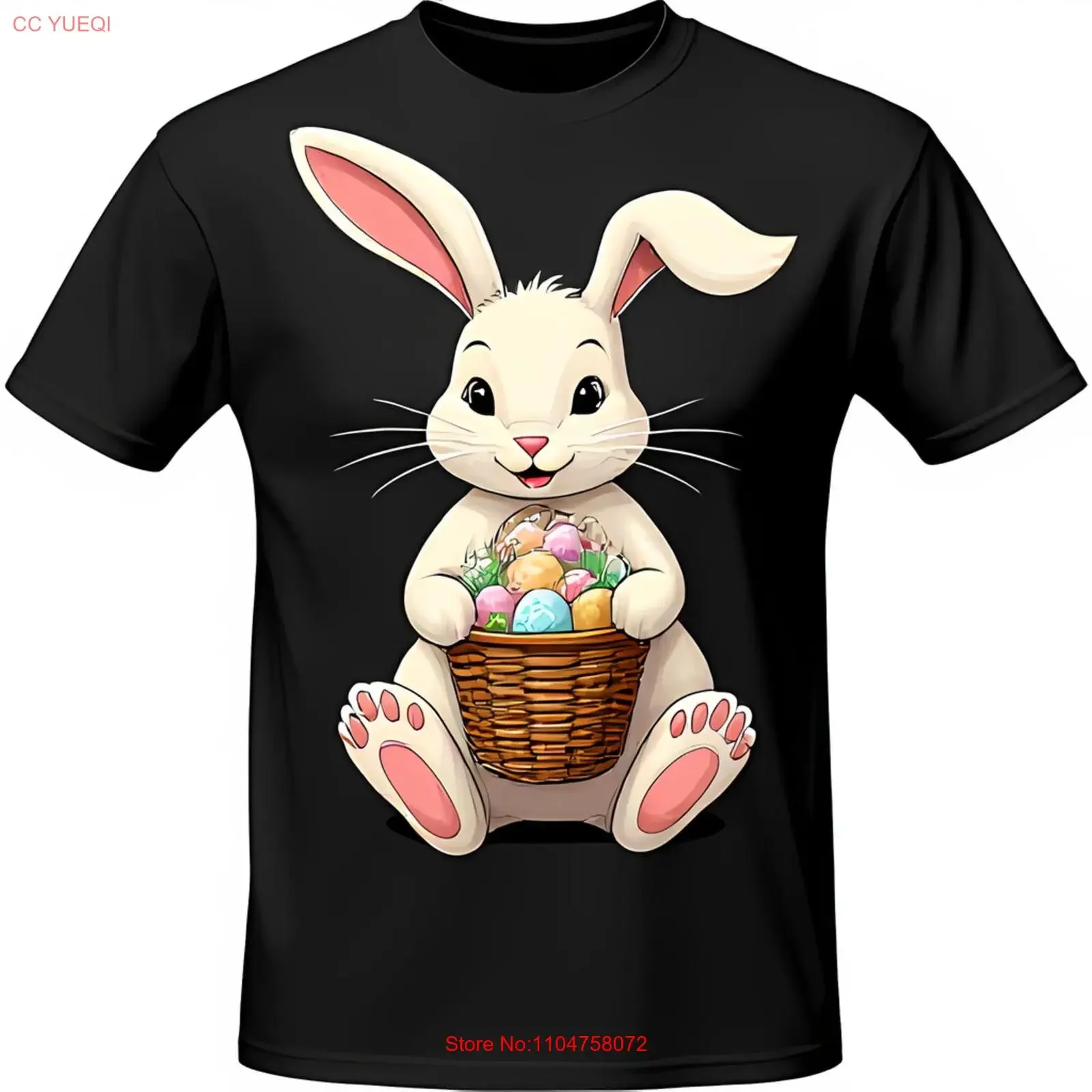 

Adorable Black T Shirt with Happy Rabbit Colorful Easter Egg Basket vintage Washed designer clothes Casual Stylish fashion