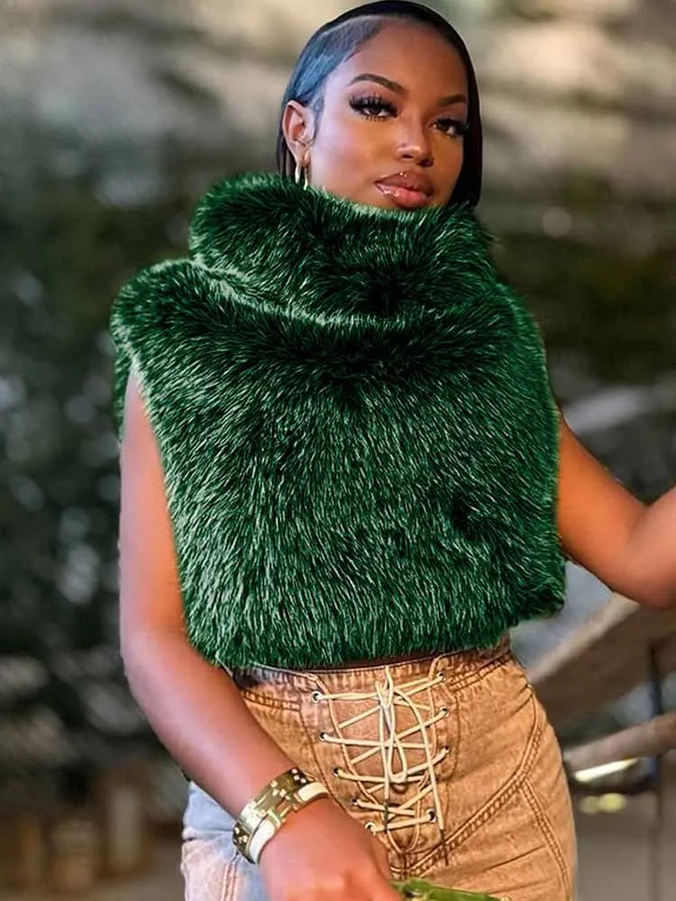 NEW BKQU Winter Faux Fox Fur Women Tank Tops Chic Turtleneck Warm Fashion Plush Coats Midnight Hipster Y2k Fluffy Vest Jacket 20