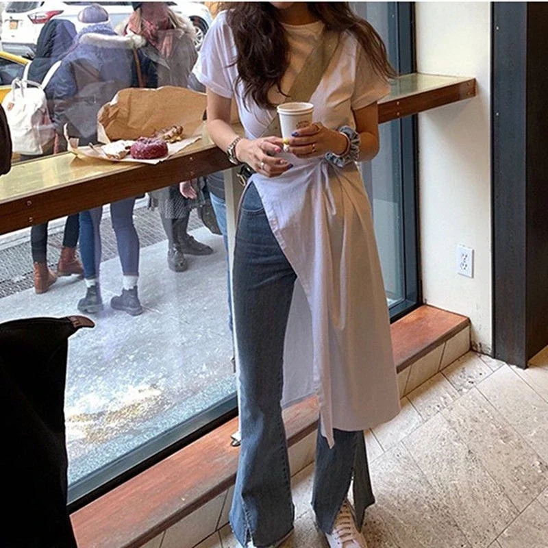 المرأة عارضة رداء البرية س الرقبة Vestidos De Mujer بسيط الصيف فضفاض غير النظامية سبليت قصيرة الأكمام فستان تي شيرت أبيض