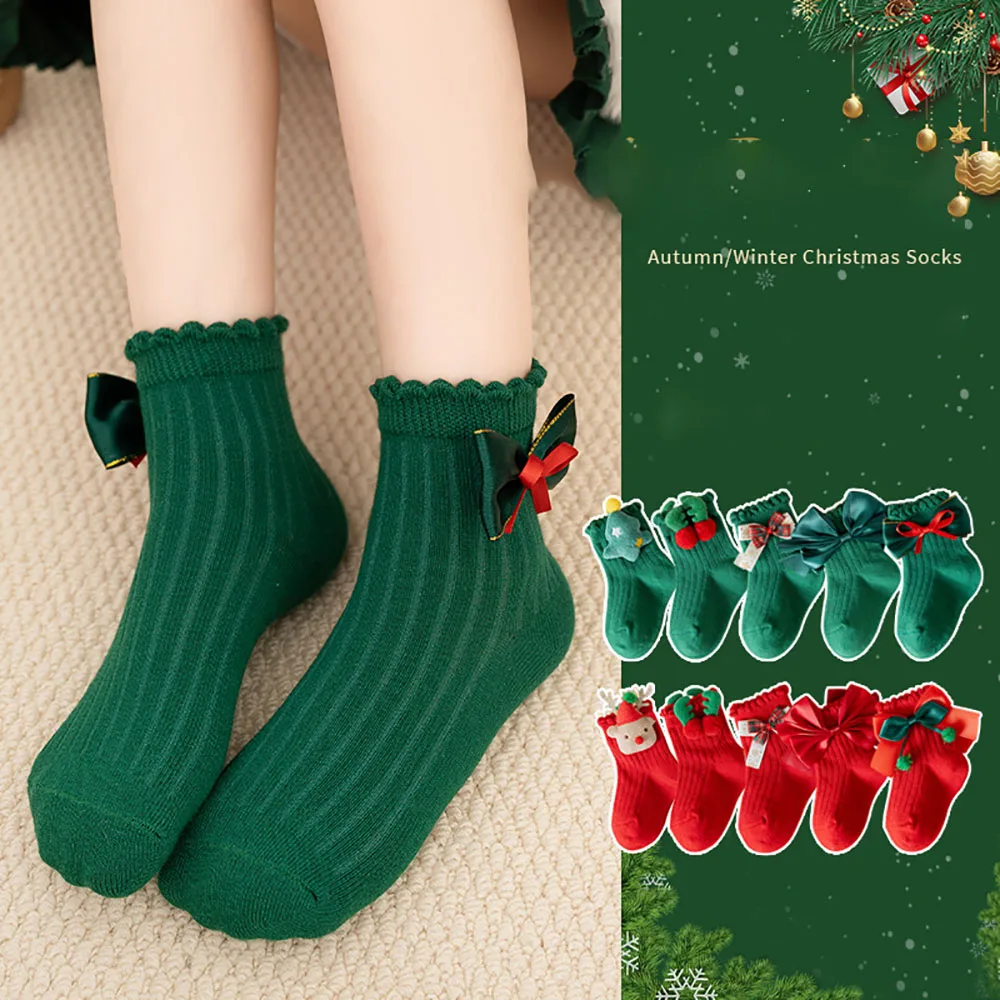 

Детские рождественские носки для девочек, милые носки с бантом, детские зимние красные милые новогодние носки с героями мультфильмов, носки принцессы для маленьких девочек от 1 до 8 лет