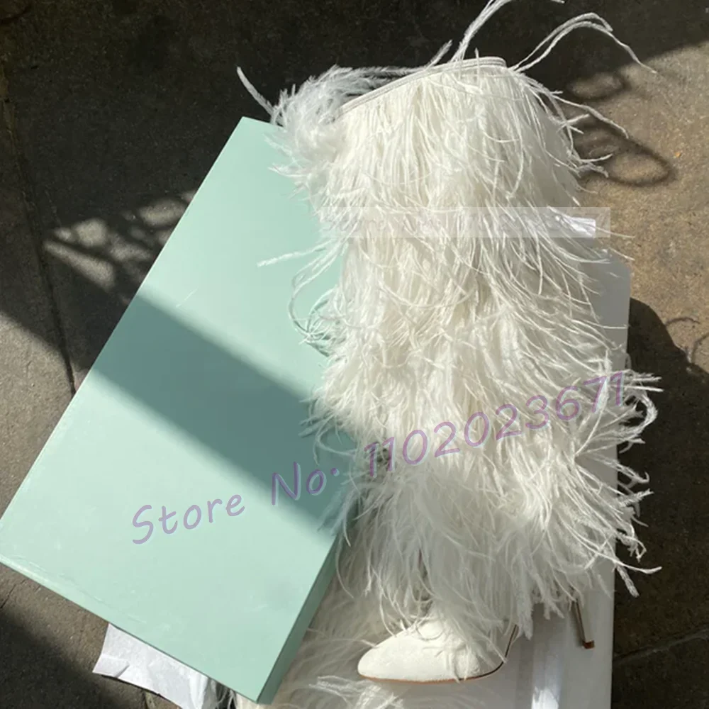 

Высокие сапоги с белым пером, женские элегантные туфли на высоком каблуке-шпильке с боковой молнией, женские повседневные зимние теплые замшевые сапоги до колена