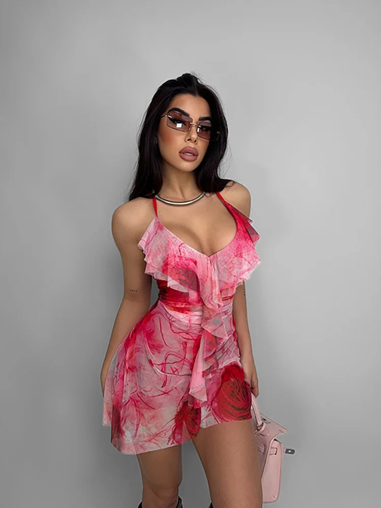 Ahagaga Sexy Träger Damen-Minikleider, Neckholder, V-Ausschnitt, ärmellos, transparente Hülle, schmale Passform, rückenfrei, elegante Bandage, Blumen-Vestidos