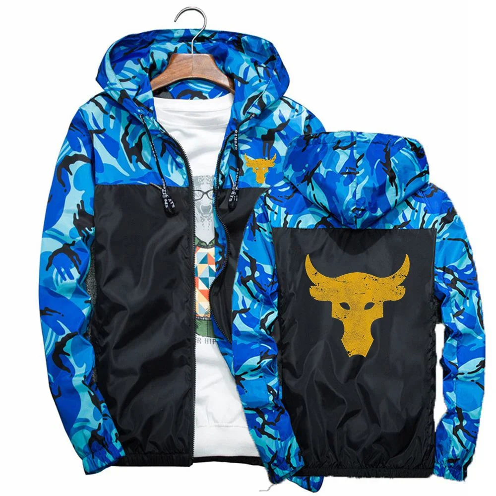 Dwayne Johnson Brahma Bull Tattoo Logo Printed Spring Autumn Men's Fashion Patchwork Camouflage Design Zipper Hooded Jacket Coat