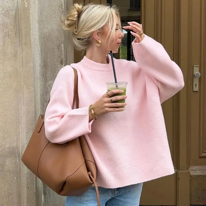 Sweet Pink Knitted Sweater For Women Fashion Oversized Solid O Neck Long Sleeve Pullover Sweaters Female High Street Jumpers