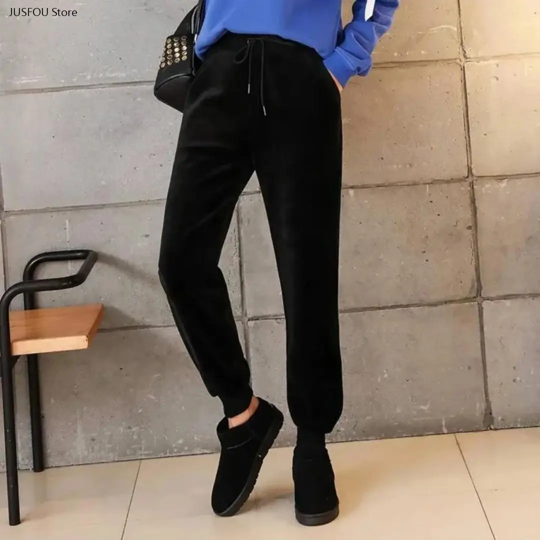 Women's Simple Versatile Thick Sherpa Lined Jogger Sweatpants High Waist Adjustable Drawstring Casual Trousers with Side Pockets