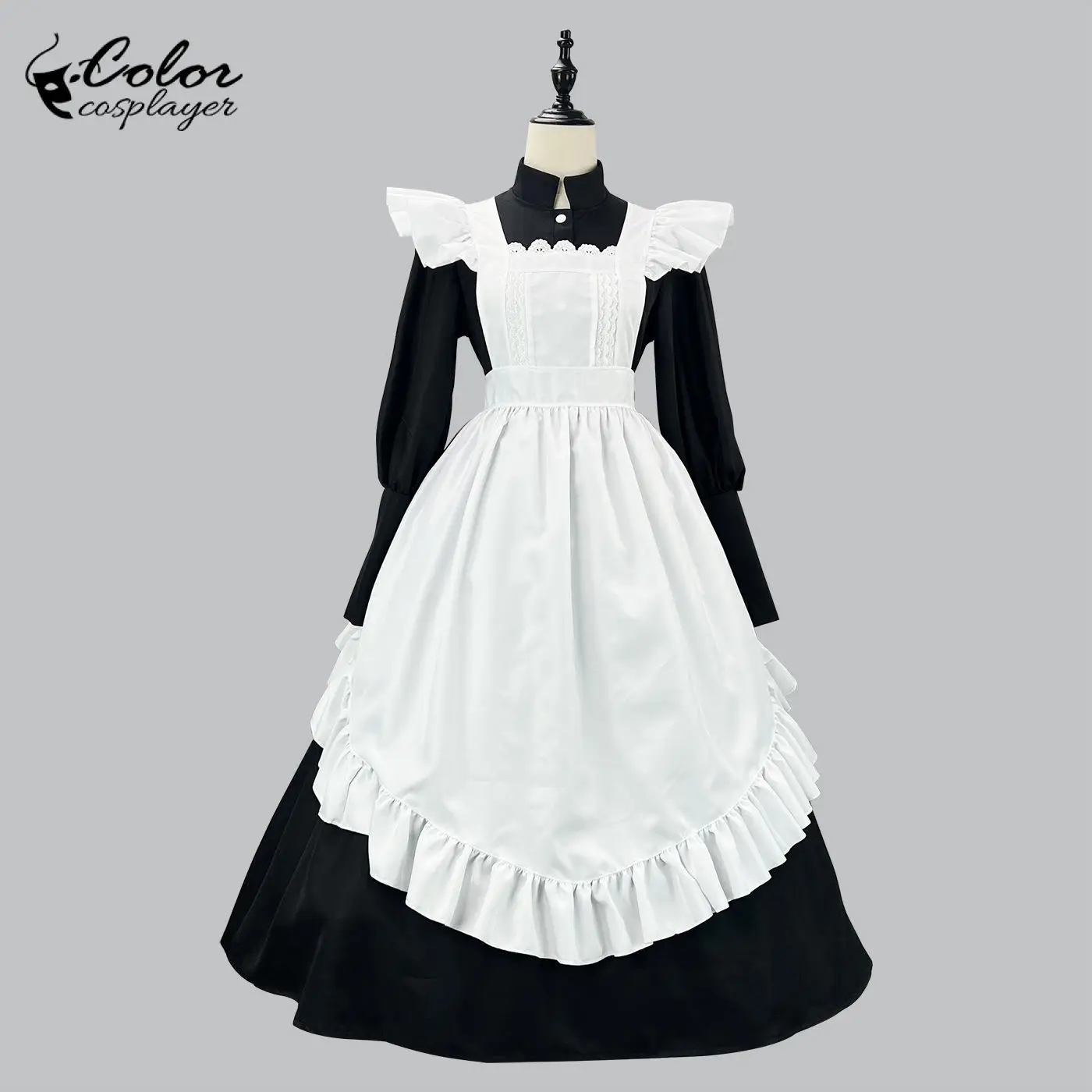 

Halloween Maid Gown with Apron Elegant French Maid Cosplay Costume Stand Collar Dress Coffee Servant Outfit Carnival Wear