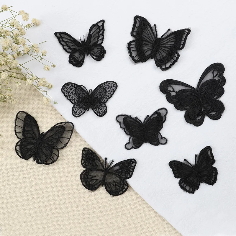 High Quality Black Lace Embroidery Sew on Patches for Clohting Organza Flower Butterfly Appliques Stripes Sexy Dress Stickers