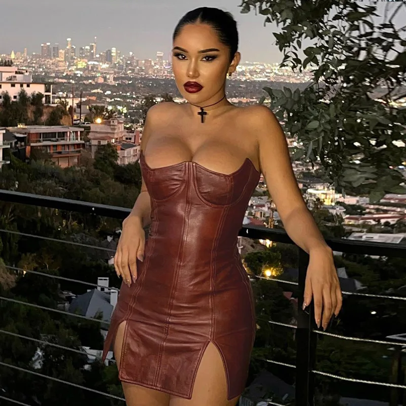 

Women's PU Leather Strapless Dress Sexy Tight Fitting Sleeveless Exposed Backpack Hip Skirt