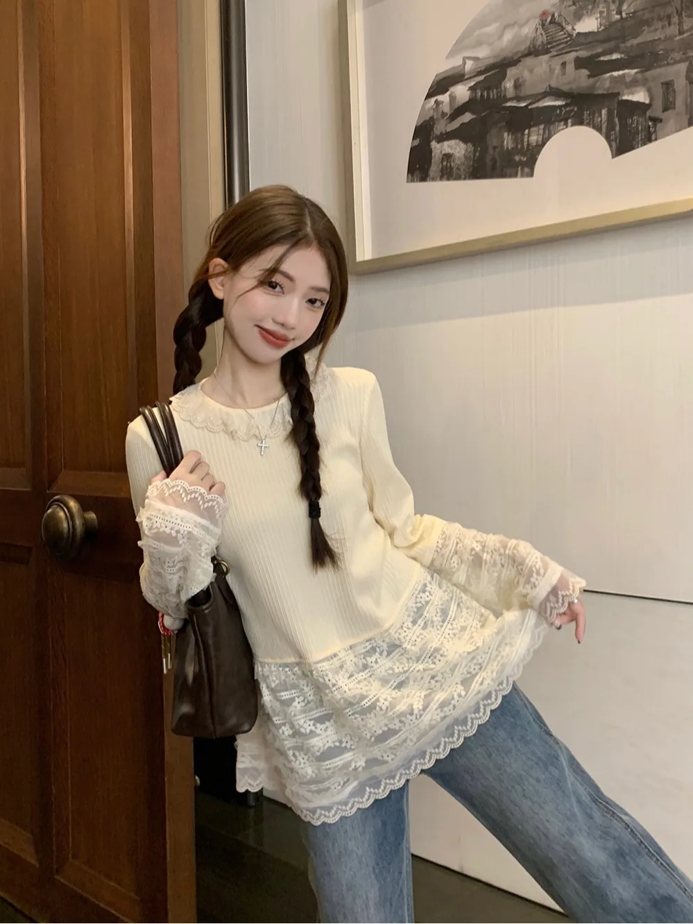 Base lavorata a maglia con finiture in pizzo irt Set da due pezzi da donna Cool Sweet Sle Capispalla Jaet in pelle iniziale autunnale Vestibilità ampia casual