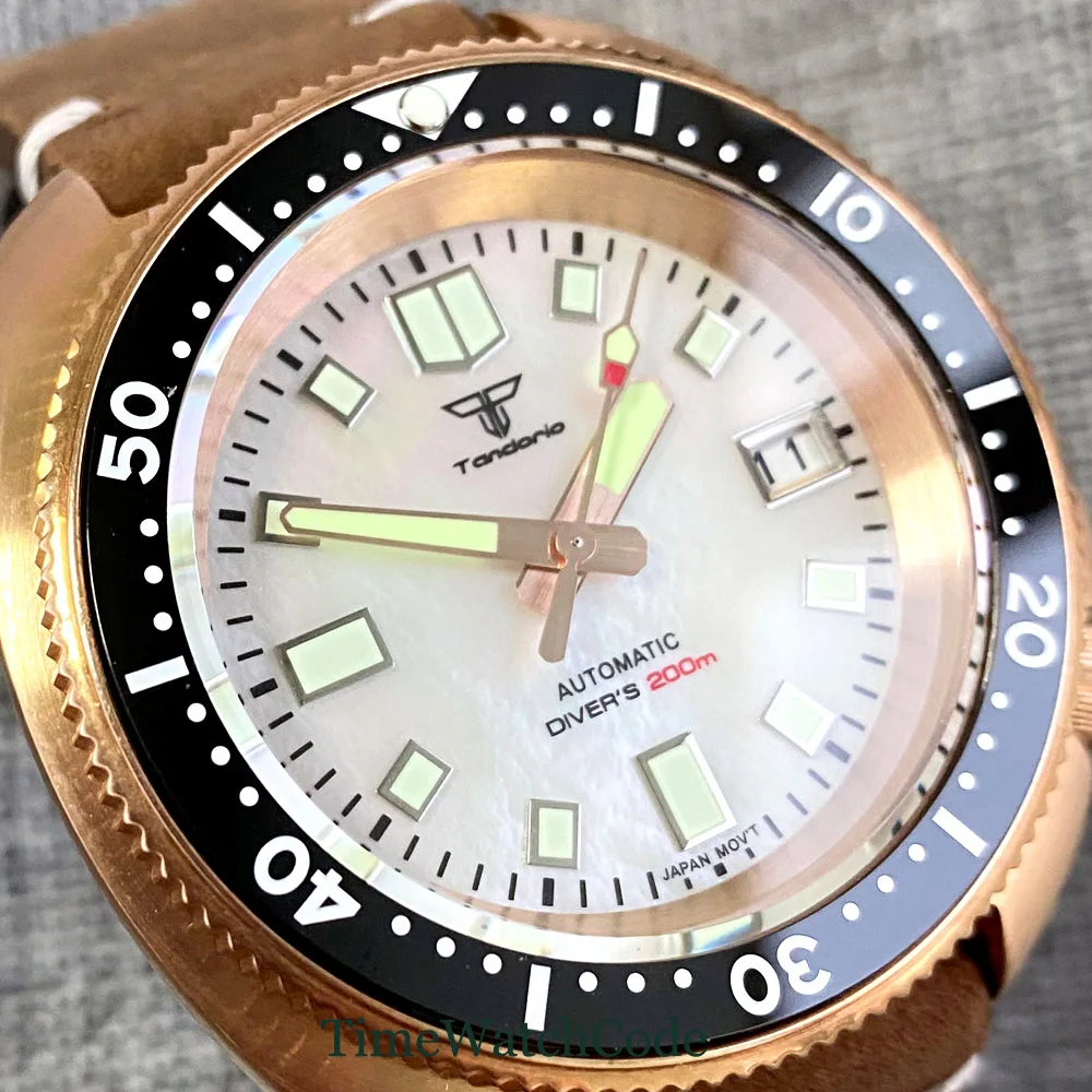 Tandorio 44mm CUSN8 Solid Bronze Men's Watch NH35A Automatic Movement Diver 20ATM Date Mother of Pear Sapphire Glass