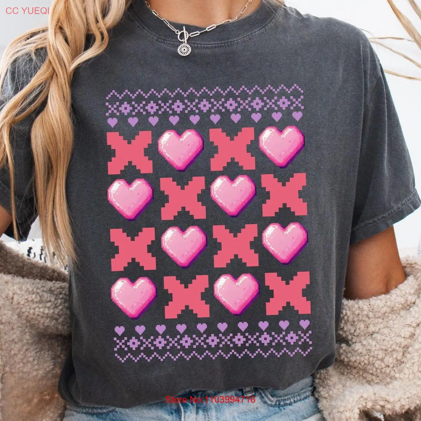 

Pixels Valentine XOXO T Shirt Gamer Gaming Valentines Pink Coquette day for Women Cute long or short sleeves