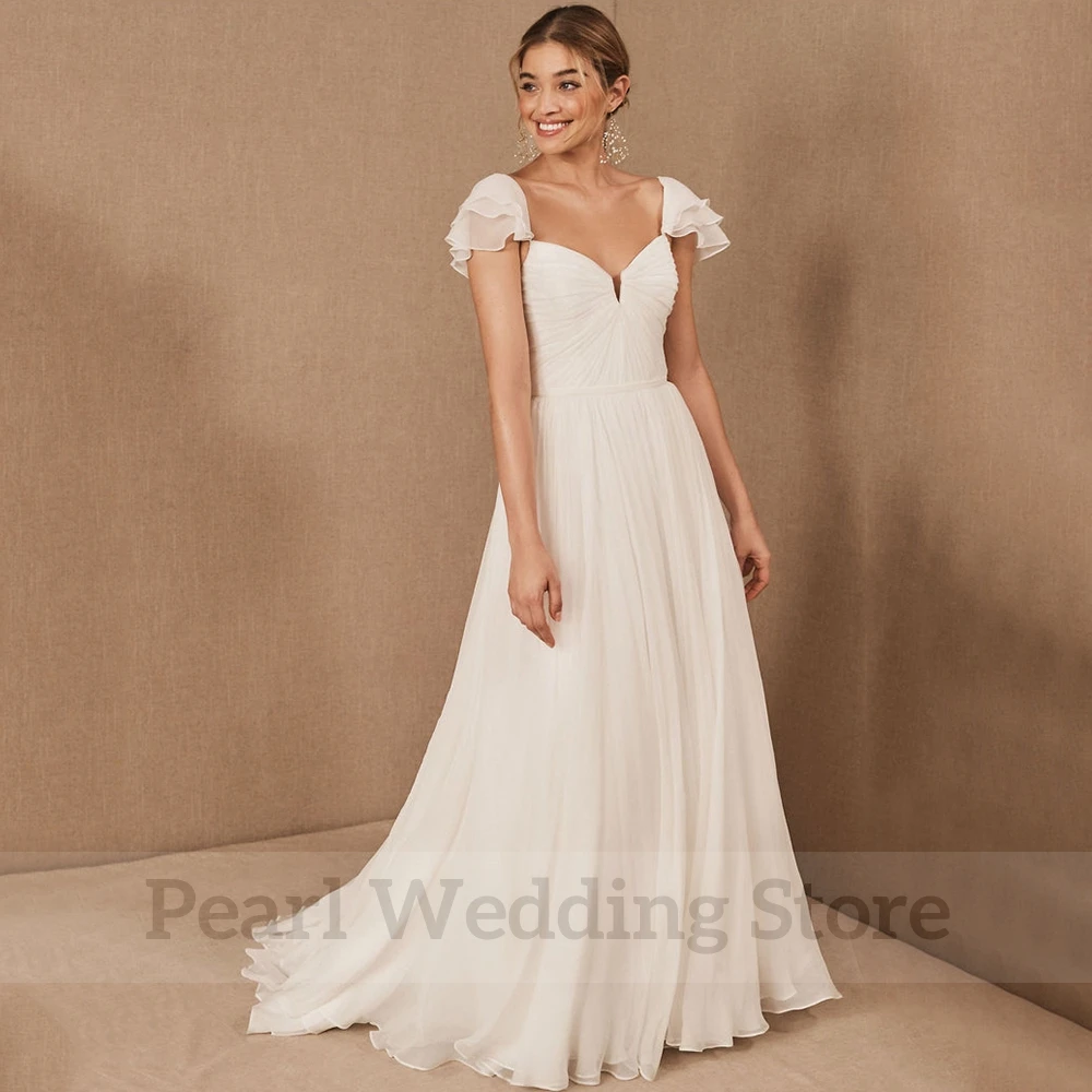 Classic Chiffon Short Sleeve A-Line Wedding Dress Pleat V-Neck Floor Length Sexy Open Back with Sweep Train Bridal Boho Gowns