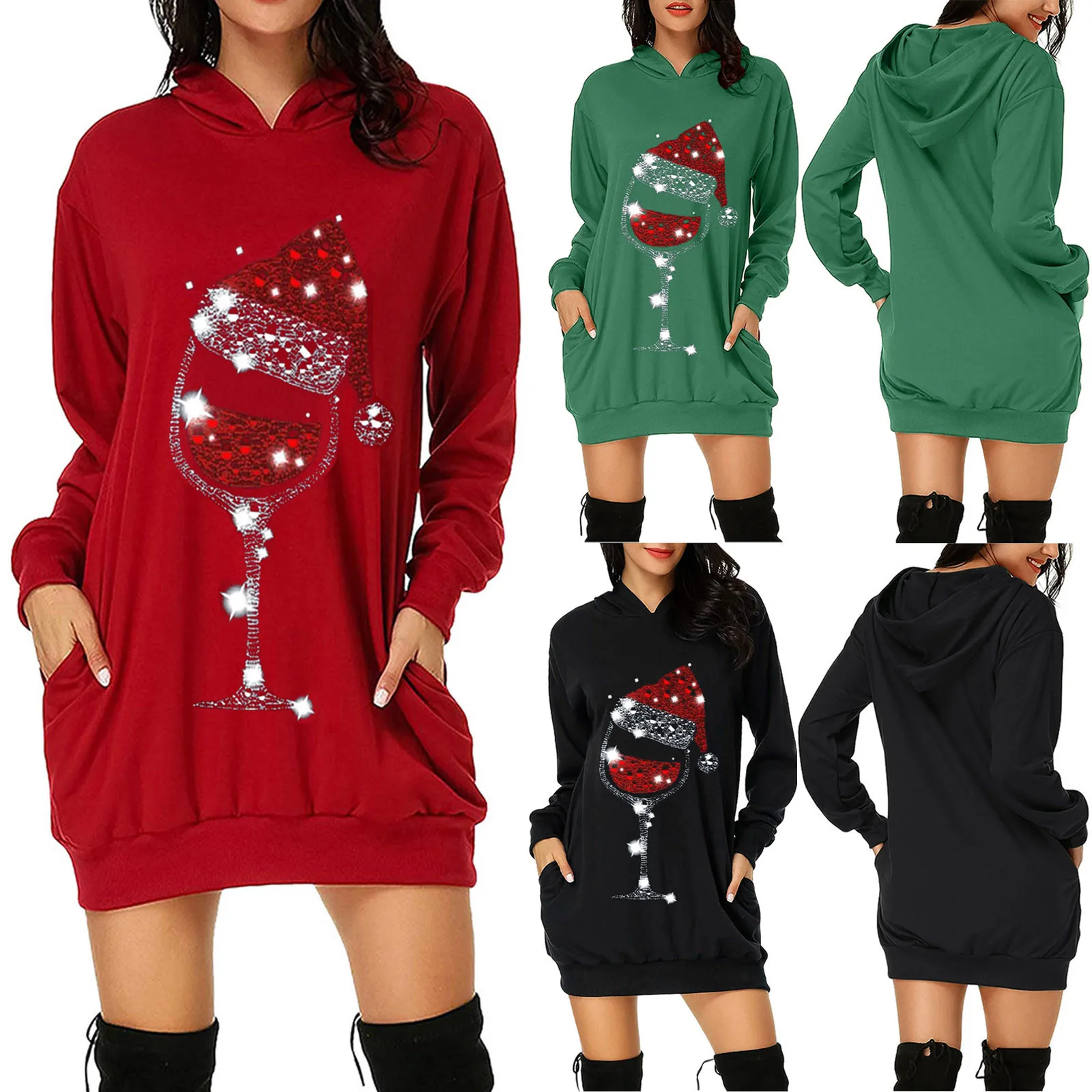 Christmas Dress Women Plus Size Long Sleeve Dresses for Women Holiday Party Casual Hooded Mini Pullover Dress Vestidos de Fiesta