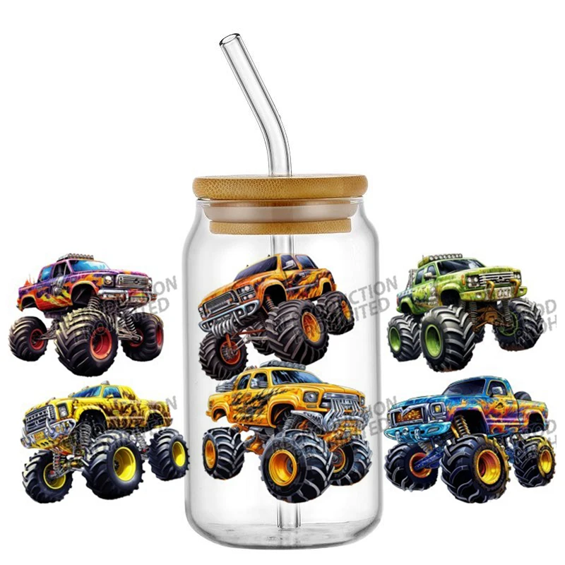 Monster Truck design UV DTF Wraps Transfer Sticker Selfadhesive Waterproof High Quality For 16OZ Libbey Glass Can home decoratio - view 2