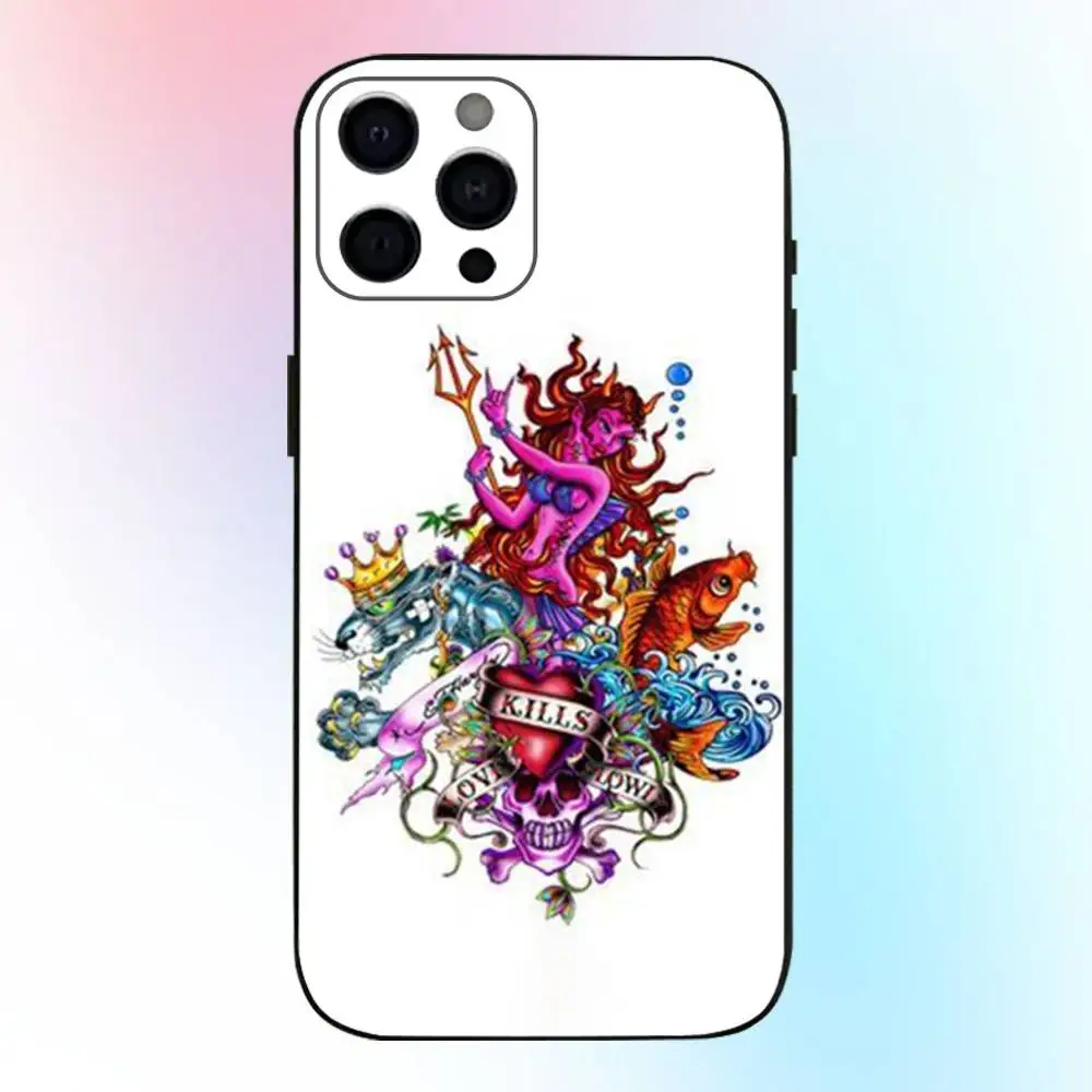 حافظة هاتف Ed Hardy من ماركات الأزياء لهاتف iPhone17,16,15,14,13,12,11 Plus، Pro Max غطاء أسود ناعم
