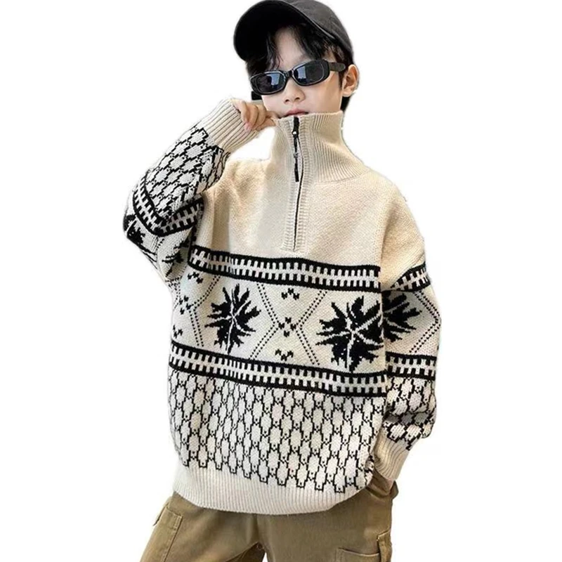 

Kids Polo Neck Sweater for Boys Snowflake Pattern 2024 Autumn Children Knitted Long Sleeve Tops Teenager Polo Collar Sweater