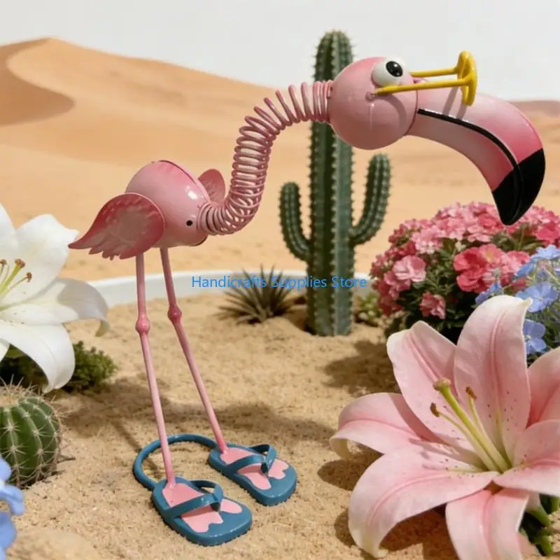 R1WA Weather Resistant Metal Flamingoes Sculpture Includes Moving Head Glasses Slippers for Garden Patios Yard Decoration
